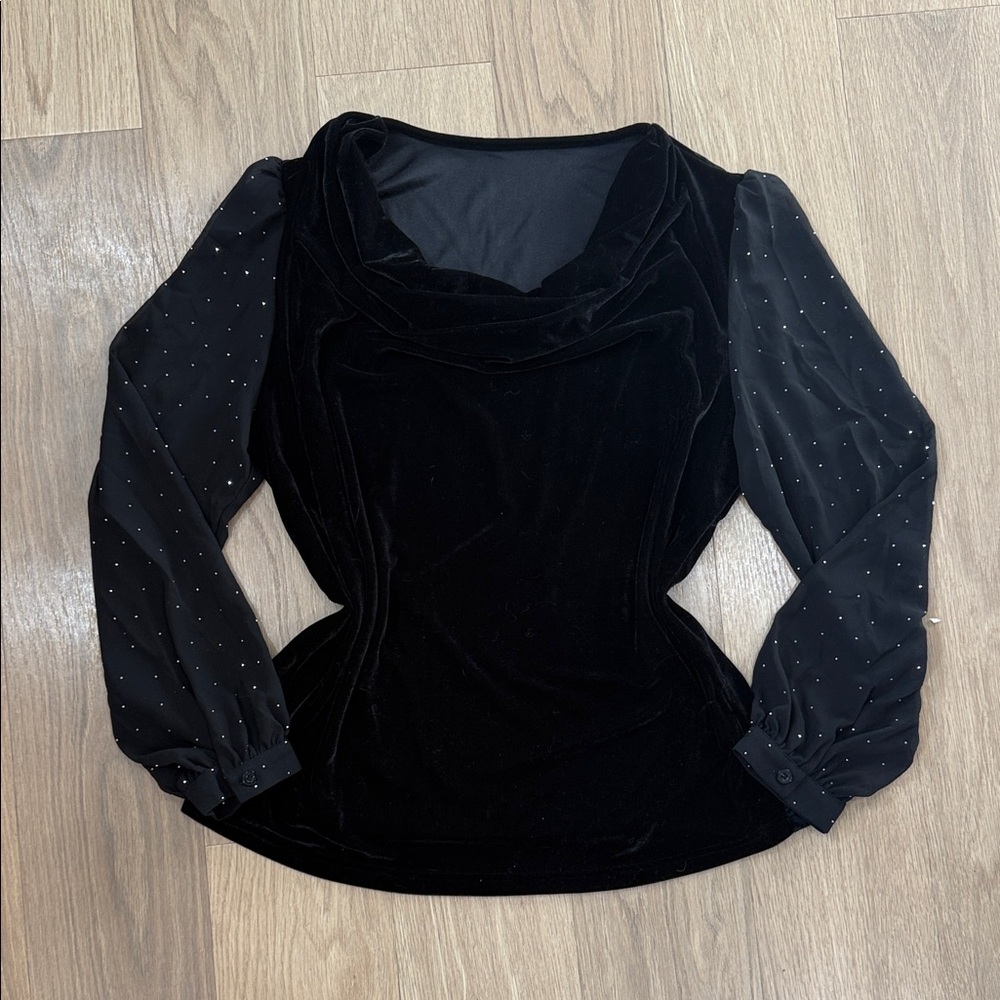 Aumora Elegant Black Velvet Women's Top Sparkle Sheer Sleeve Detail 3X